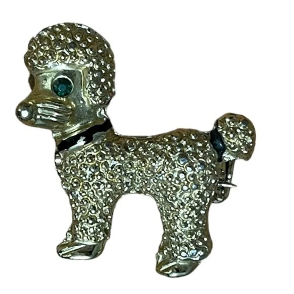 Vintage CCI Poodle Brooch Dog Pin Gold Tone Textured Green Gem Stone Eye Collar
